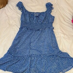 Blue Ruffle Sleeve Dress with White Pattern